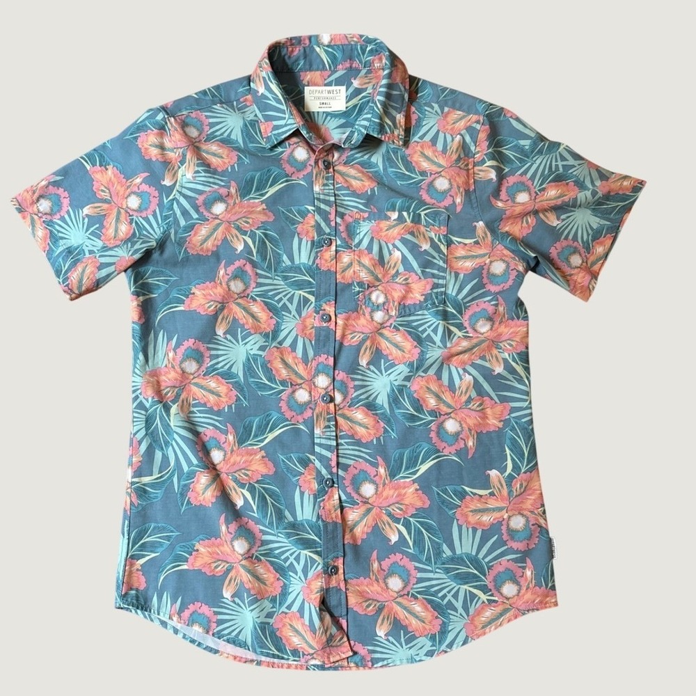Departwest Button Down Shirt Mens Blue Floral Tropical Performance SIZE Small